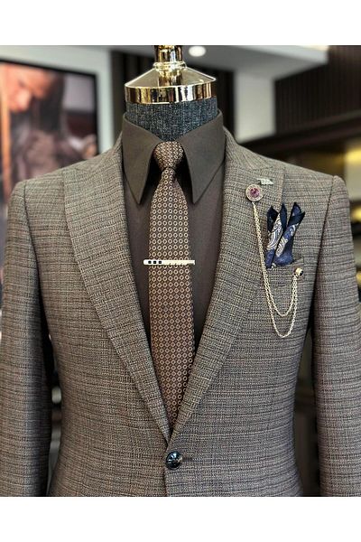 TerziAdemAltun Italian style slim fit peaked collar plaid men's jacket brown T10734