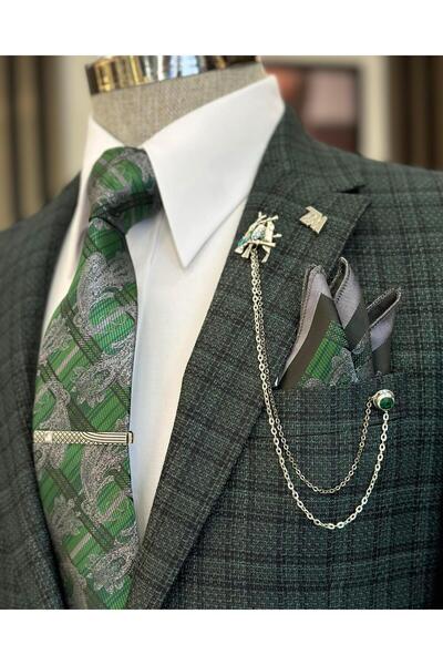 TerziAdemAltun Ανδρικό παλτό μονόχρωμο καρό με λεπτή εφαρμογή ιταλικού στυλ πράσινο T10749