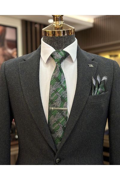 TerziAdemAltun Italian style slim fit mono collar stamped men's jacket green T10923