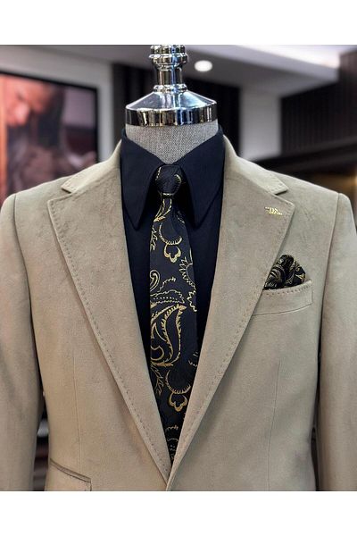 TerziAdemAltun Italian style velvet men's single jacket beige T11043