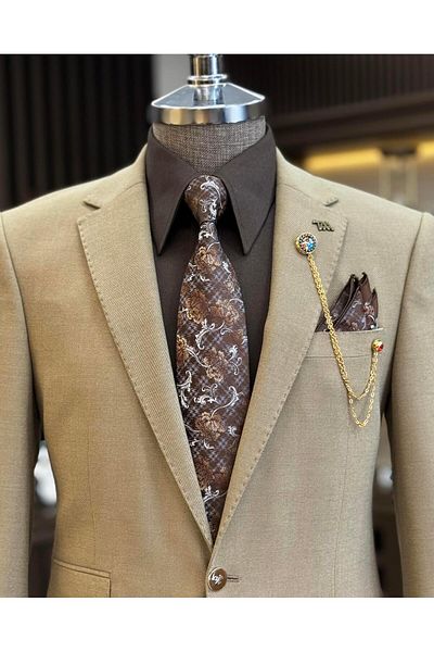TerziAdemAltun Beige Slim Fit Mono Collar Men's Jacket - Italian Style T10756