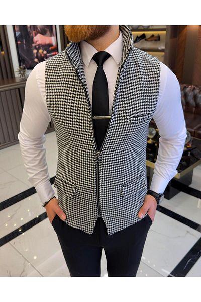 TerziAdemAltun Italian style houndstooth pattern prevailing collar zippered pocket vest black T10469