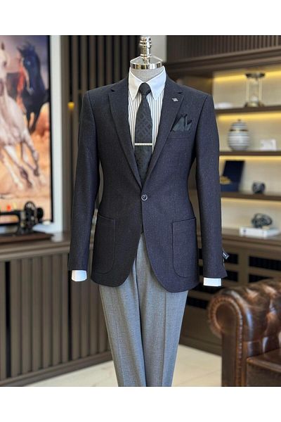 TerziAdemAltun Navy Blue Mono Collar Italian Style Men's Jacket - T10558