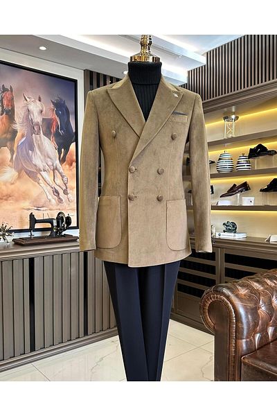 TerziAdemAltun Italian style velvet double-breasted men's single jacket brown T11032
