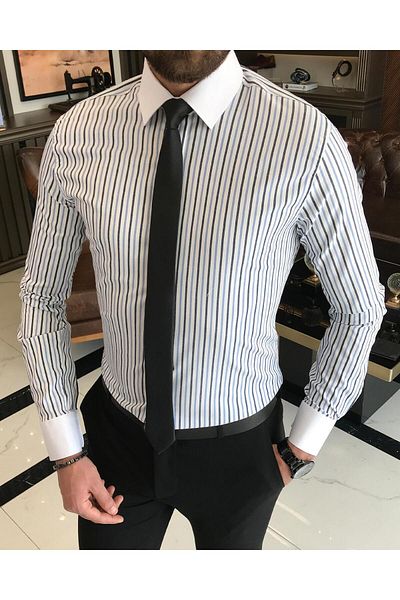 TerziAdemAltun Italian Style Slim Fit Striped Men's Tie Collar Shirt White T9235