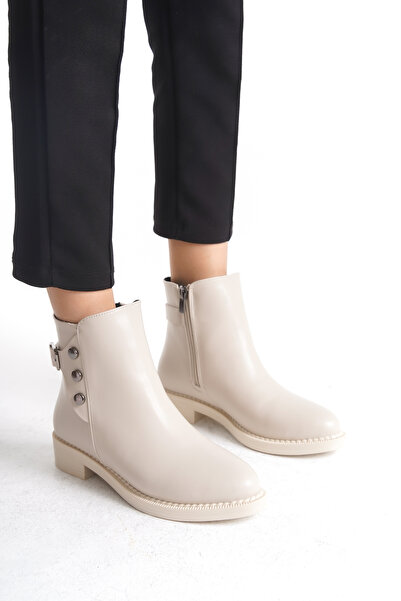 Limeo Alçak Taban Fermuarlı Düğme ve Toka Detaylı Kadın Krem Bot Bootie
