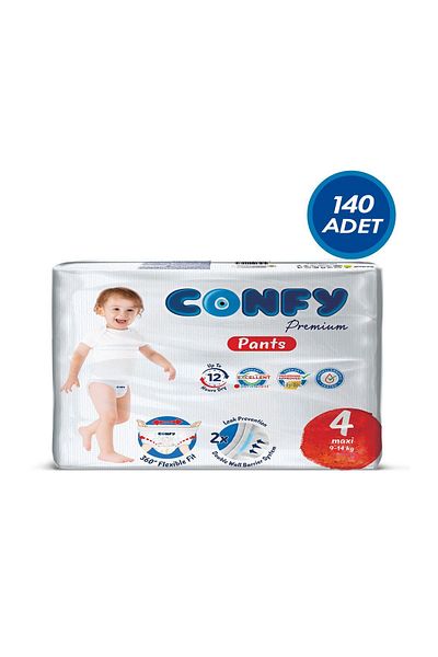 Confy Premium Baby Diapers - Size 4 Maxi, 9-14 KG, 140 Pieces