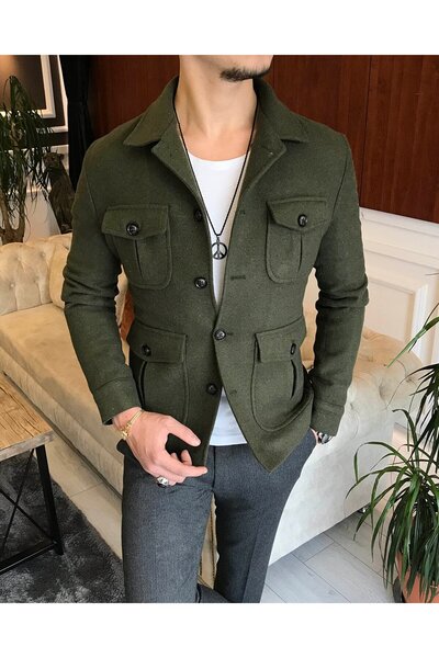 TerziAdemAltun Italian Style Slim Fit Men's Stamp Coat Jacket Green T6590