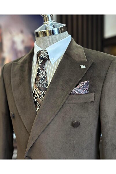 TerziAdemAltun Мъжко сако с двойно закопчаване от кадифе в италиански стил, кафяво T11033