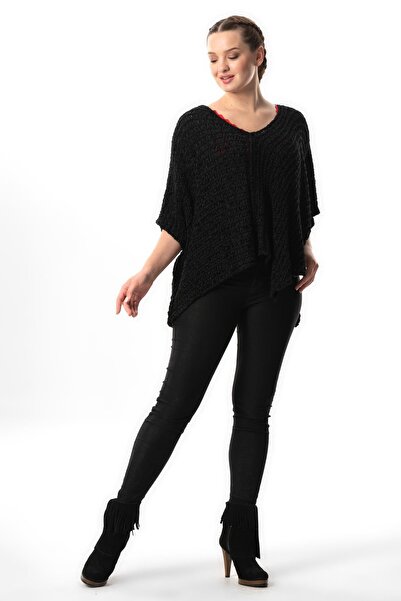 Eliş Şile Bezi Yarasa Kol Sanem V Yaka Sonbahar ve Kışlık Salaş Triko Bluz Siyah Syh