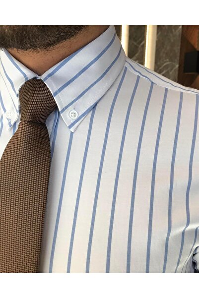 TerziAdemAltun Cămașă pentru bărbați cu guler stand în dungi slim fit în stil italian alb T9245