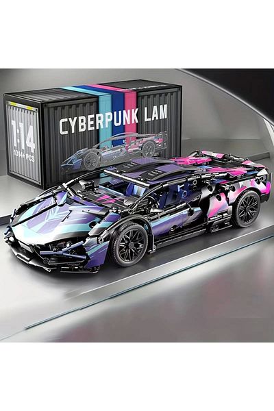 BUILDING BLOCK مجموعة مكعبات بناء السيارة الرياضية Cyberpunk Purple Cool 1:14 - 1280 قطعة، نموذج تجميع ثلاثي الأبعاد، أصغر سنًا
