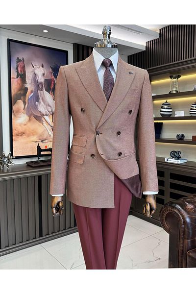 TerziAdemAltun Brick Colored Italian Style Slim Fit Men's Jacket - Pointed Collar T11515