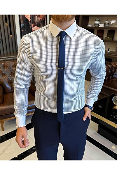 TerziAdemAltun Italian style checked tie collar cotton men's shirt navy blue ...
