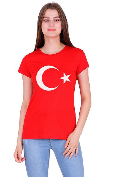 Tshirthane Turkish Flag Crescent Star Printed Slim Fit Women's Red T-shirt