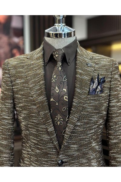 TerziAdemAltun Italian style slim fit mono collar men's jacket brown T10966