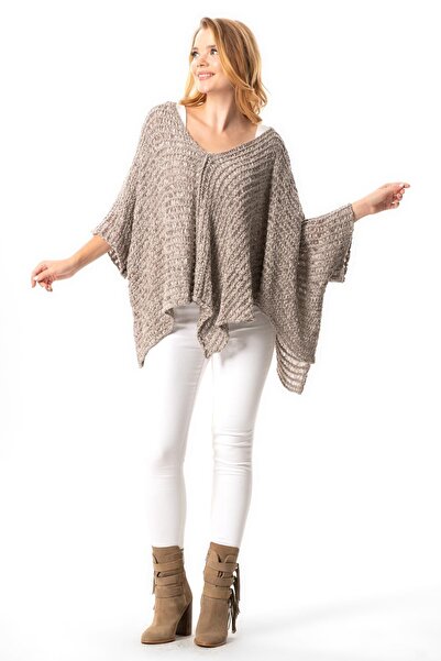 Eliş Şile Bezi Yarasa Kol Sanem V Yaka Sonbahar ve Kışlık Salaş Triko Bluz Vizon Vzn