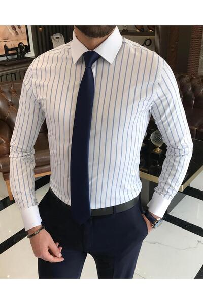 TerziAdemAltun قميص رجالي ذو ياقة ربطة عنق مخططة بقصة ضيقة على الطراز الإيطال...