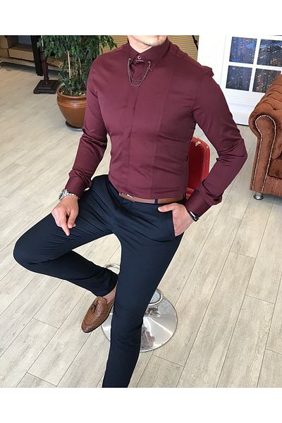 TerziAdemAltun Italian Cut Slim Fit Men's Satin Burgundy Chain Shirt T4099