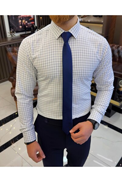 TerziAdemAltun Італійський стиль картатий краватковий комір бавовняна чоловіча сорочка темно-синя T11181