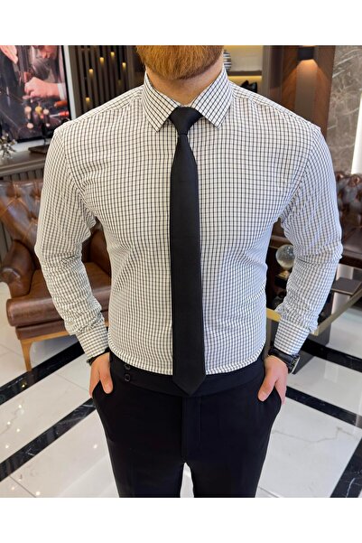 TerziAdemAltun Βαμβακερό ανδρικό πουκάμισο με καρό γιακά ιταλικού στυλ μαύρο T11152