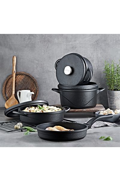 OMS 3555 - Wave - 7 Pieces, Biogranite Cast, Non-Stick Pot Pan Set Anthracite Body, Platinum Detail