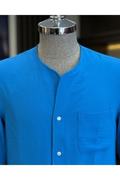 TerziAdemAltun Синя Slim Fit италианска риза без яка за мъже - T11875