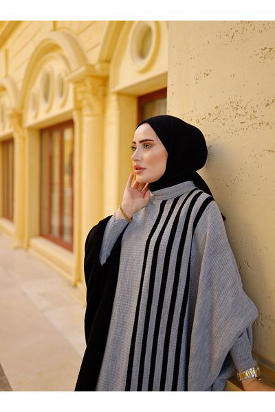 SAHRA BUTİK Side Striped Bat Knitwear Tesetur Dress - Gray - Sahra Boutique