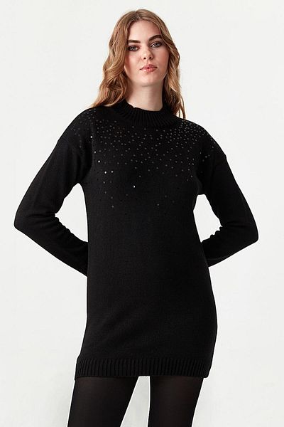 Select Moda Women's Black Half-Rise Sequin Detailed Knitwear Sweater
