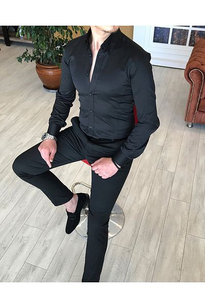 TerziAdemAltun Мъжка риза от сатен, италиански стил, с прилепнала кройка и яка стойка, черна, T4739