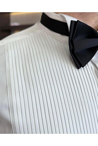 TerziAdemAltun Λευκό ανδρικό πουκάμισο με λεπτή εφαρμογή ιταλικού στυλ - γιακάς Ata, διπλή μανσέτα T11601