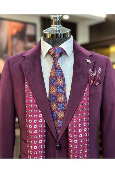 TerziAdemAltun Italian style velvet men's single jacket burgundy T11044