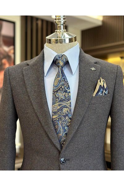 TerziAdemAltun Italian style slim fit mono collar stamped men's jacket camel T10926