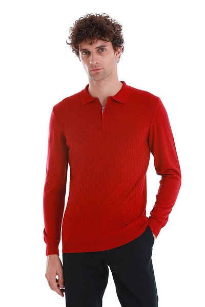 Hatemoğlu Red Regular Fit Jacquard Polo Collar Wool Knitwear Sweater