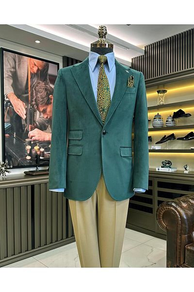 TerziAdemAltun Italian style velvet men's single jacket green T11042