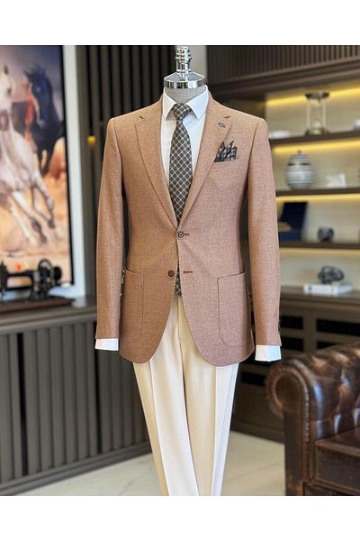 TerziAdemAltun Brick Colored Italian Style Slim Fit Men's Jacket - Mono Collar, Bag Pocket T11513