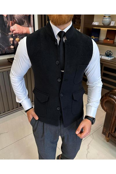 TerziAdemAltun Italian style slim fit prevailing collar stamped pocket vest black T10535