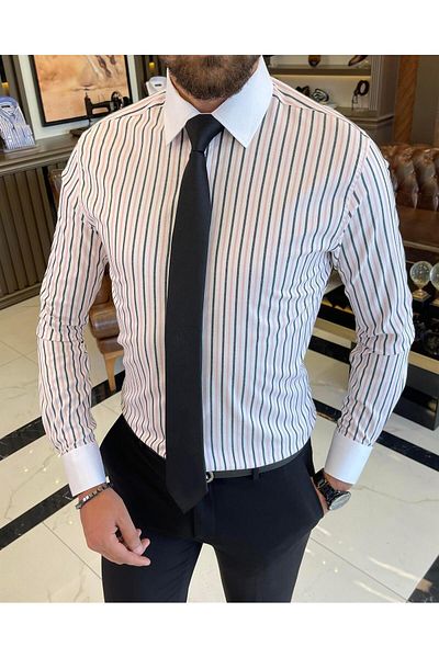 TerziAdemAltun Italian style slim fit striped men's tie collar shirt white T9234