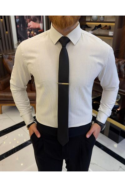 TerziAdemAltun Italian style checked tie collar cotton men's shirt beige T11168