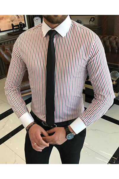 TerziAdemAltun Ανδρικό πουκάμισο με γιακά με λεπτή ρίγα ιταλικού στυλ λευκό T9236