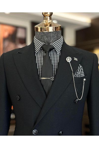 TerziAdemAltun Italian style slim fit double breasted men's jacket black T10968