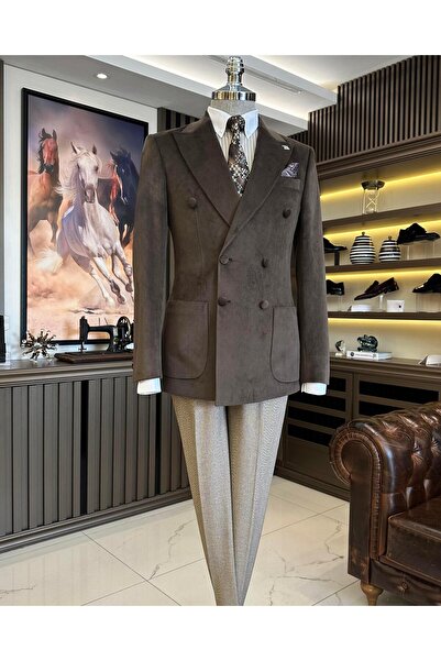 TerziAdemAltun Мъжко сако с двойно закопчаване от кадифе в италиански стил, кафяво T11033