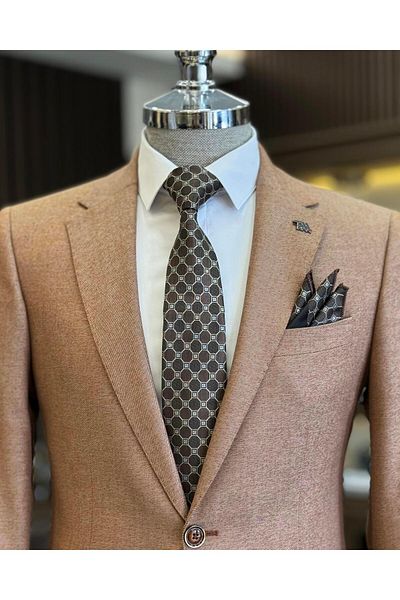 TerziAdemAltun Brick Colored Italian Style Slim Fit Men's Jacket - Mono Collar, Bag Pocket T11513