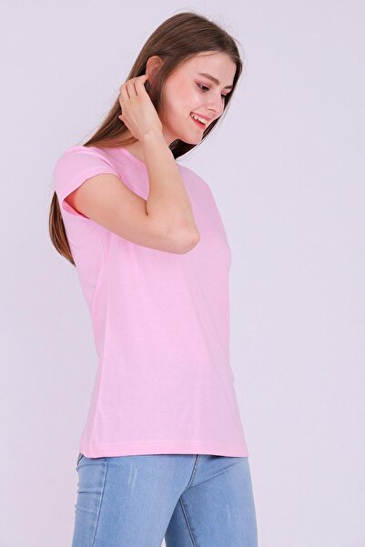 Tshirthane Ροζ Χρώμα 100% βαμβακερό γιακά ποδηλάτου Basic Unprinted Γυναικείο πλεκτό κοντομάνικο μπλουζάκι