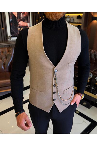 TerziAdemAltun Italian style slim fit pocket vest beige T10259