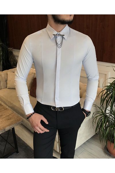TerziAdemAltun Italian Cut Slim Men's Satin Ice Blue Shirt with Chain T6792
