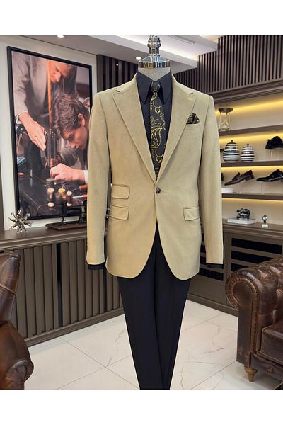 TerziAdemAltun Italian style velvet men's single jacket beige T11043