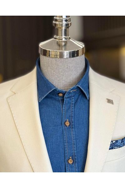 TerziAdemAltun Men's Slim Fit Mono Collar Bag Pocket Jacket - Cream T11505