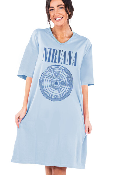 ROCKANDROLL Daire Daire Nirvana Açık Mavi V Yaka Yarım Kol Diz Boyu Rahat Ev Elbisesi Gecelik