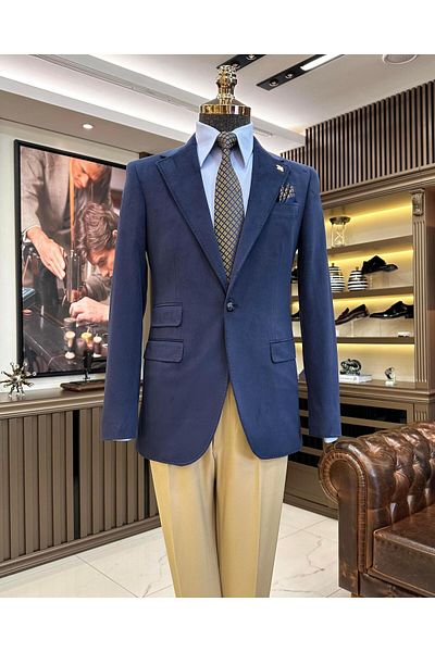 TerziAdemAltun Italian style mono collar velvet men's single jacket navy blue T11046